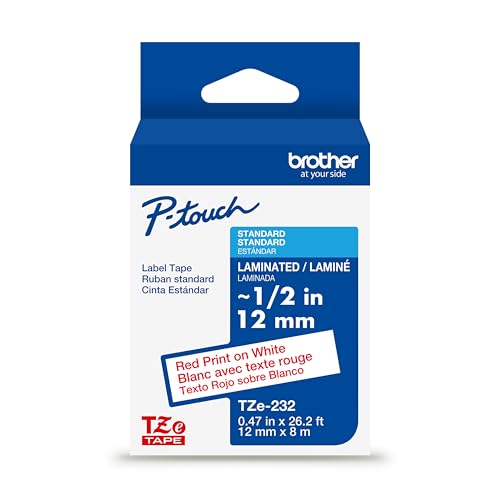 Genuine P Touch TZe Red Print on White Label Tape
