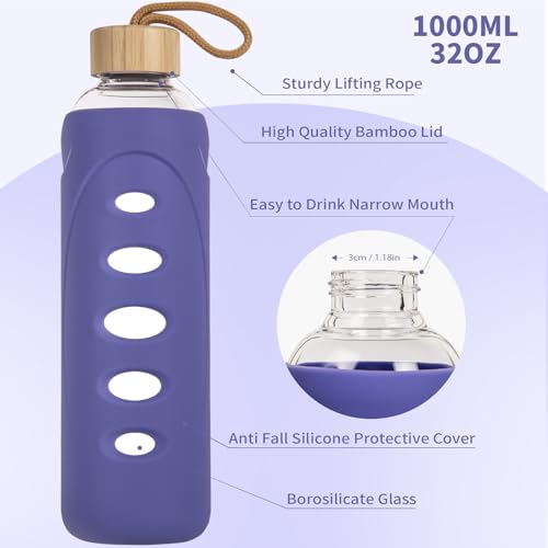 32 oz Narrow Mouth Glass Water Bottle with Windowed Silicone Sleeve (Purple)