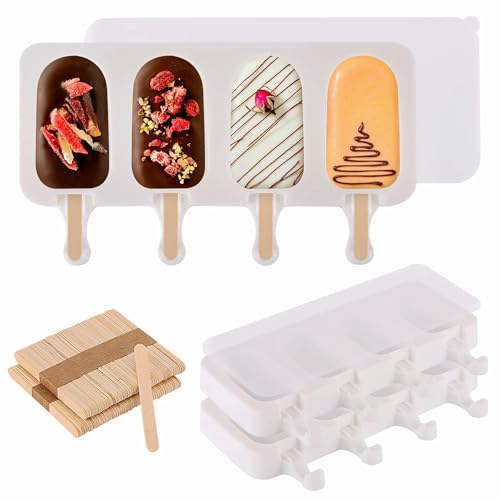 3 Set Popsicles Molds with Lids and 100 Pcs Wooden Popsicles Sticks (White / Standard Size)