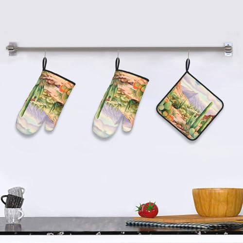 Desert Cactus Oven Mitts and Pot Holders Sets of 3 Heat Resistant Oven Gloves Hot Pads Non (Desert Cactus)