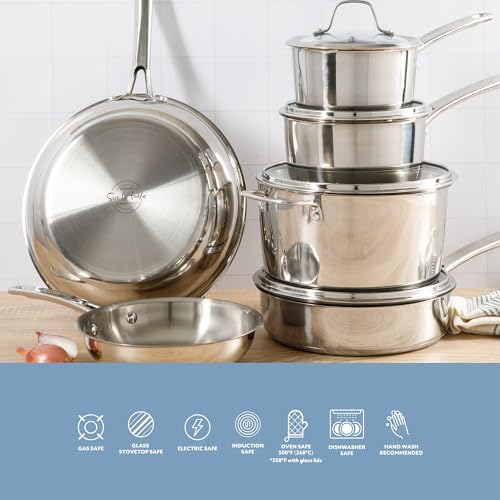 Kitchen Essentials Chef's Deck 10 Piece Stainless Steel Non Toxic Pots and Pans Kitchen Cookware Set w (Stainless Steel / 10-Piece Cookware Set)