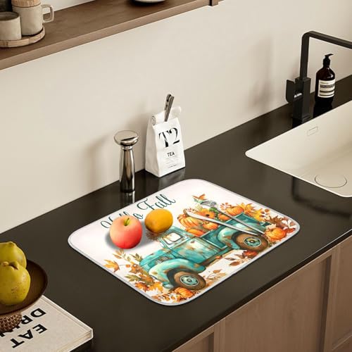Vintage Fall Truck with Pumpkins Autumn Leaves Dish Drying Mat for Kitchen Counter Absorbent Microfiber Small Drying Pad Dish Mats for Kitchen Countertops 16 x 18 Inch (18" x 16")
