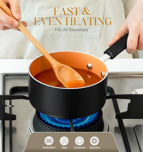 Ceramic Saucepan Set 1.5QT & 2QT & 3QT Nonstick Sauce Pans (Copper / 1.5+2+3QT)