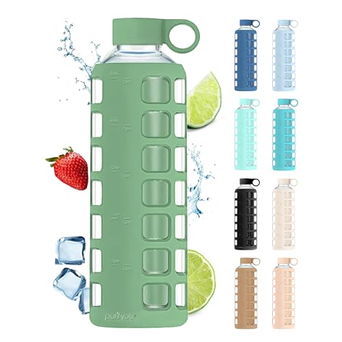 40oz / 32oz / 22oz / 12oz Borosilicate Glass Water Bottle with Time & Volume Markers, Silicone Sleeve, Stainless Steel Lid | Reusable Glass Bottle for Water & Juice (40oz Shale Green) (Shale Green (1 Count) / 40 Ounces)