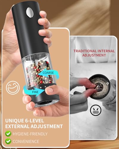 Electric Salt and Pepper Grinder Set Rechargeable Salt and Pepper Mills with 6 (Black White)