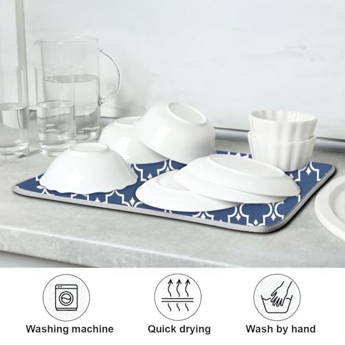 Super Absorbent Dish Drying Mat Microfiber Fast (Navy Blue Moroccan / 18" x 24")