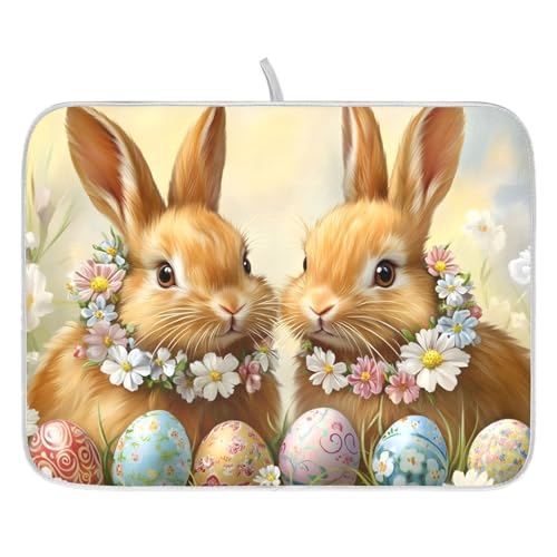 Cute Rabbit Bunny Easter Eggs Dish Drying Mat for Kitchen Counter Absorbent Microfiber Large Drying Pad Dish Mats for Kitchen Countertops 18 x 24 Inch (24" x 18")
