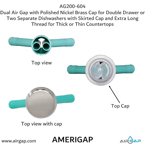 Dual Air Gap with Polished Nickel Brass Cap for Double Drawer or Two Separate Dishwashers with Skirted Cap and Extra Long Thread for Thick or Thin Countertops (AG200-604)