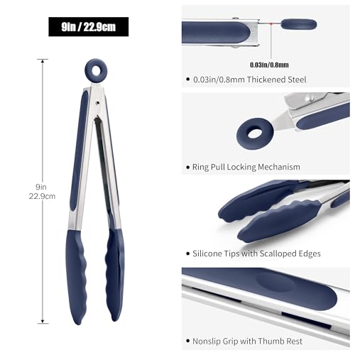 Kitchen Tongs with Silicone Tips for Cooking Serving (9in / Navy Blue)