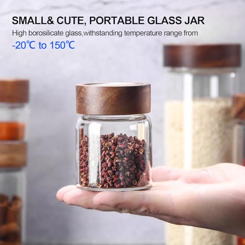 6 pc Glass Spice jars Glass Jars with Screw Lid 5 oz Acacia Wood Glass Herb Sugar Coffee Bean Ground Container Food Storage Canister for Candy Pantry Tea Seasoning Meal Prep Snack (6*150ml(5oz))