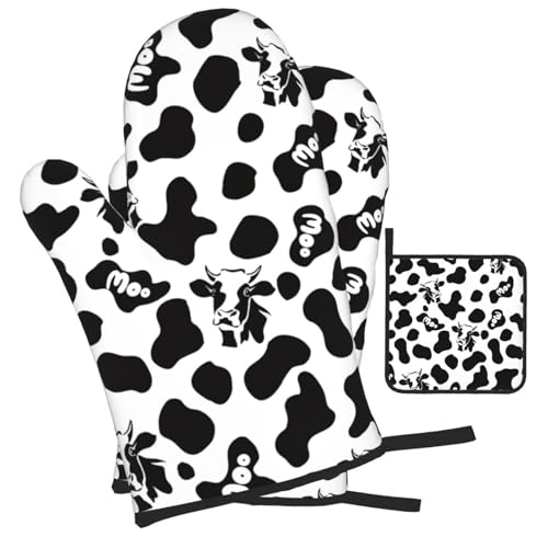 Cow Print Oven Mitts and Pot Holders Sets Heat Resistant for Kitchen BBQ Microwave Baking Grilling Cooks Set of 3 Black White Kitchen Oven Glove (3 Count)