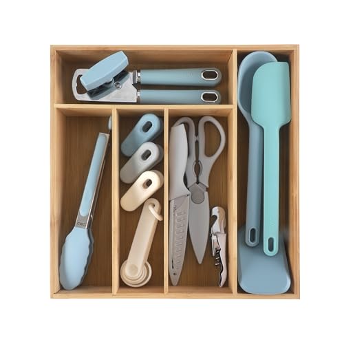 Bamboo Kitchen Utensil Set with Drawer Organizer (Blue / 18 Piece Gadget Set)