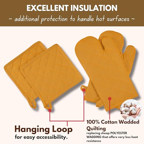 4 Piece Set 2 Oven Mitts & 2 Potholders (Mustard Yellow)