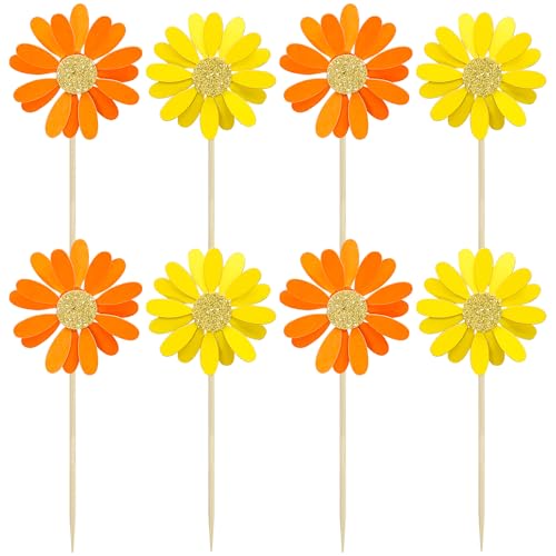 24Pcs Orange Daisy Cupcake Toppers Flower Cake Toppers Daisy Cake Decorations Chrysanthemum Cupcake Toppers Spring Daisy Flower Cake Picks for Birthday Wedding Supplies (24 Count)