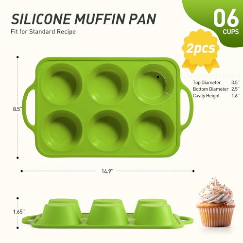2 Packs 6 Cups Silicone Muffin Pan with Metal Reinforced Frame Jumbo Size Cupcake Pan Tray Egg Bites Silicone Circle Cookie Molds Muffin Tin Tart Pans Baking Sheet Set for Breakfast Sandwiches (2pc: 6-Cup Jumbo / Green)