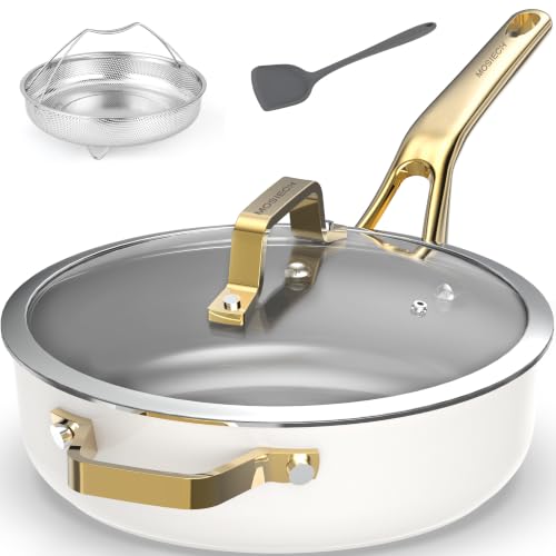 10-in-1 White Ceramic Nonstick Deep Saute Pan Set With Steamer & Lid, 4QT (White)