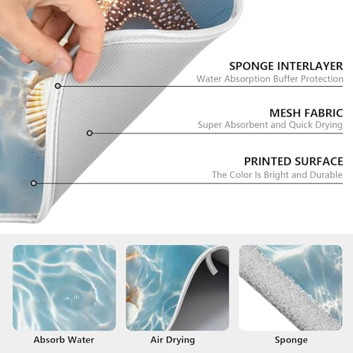 Starfish and Seashell on The Summer Beach Dish Drying Mat for Kitchen Counter Absorbent Microfiber Small Drying Pad Dish Mats for Kitchen Countertops 16 x 18 Inch (18" x 16")