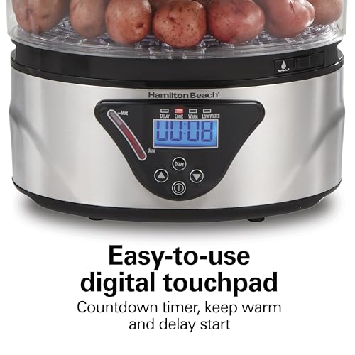 Digital Electric Food Steamer & Rice Cooker for Quick (Black & Stainless Steel / Stackable Two-Tier Bowls, 5.5 Quart)