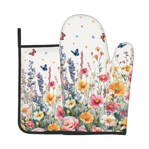 Spring Flower Oven Mitts and Pot Holder Kitchen Accessories Sets Botanical Floral Heat Resistant BBQ Cooking Oven Gloves Washable Hot Pads (Botanical Floral)