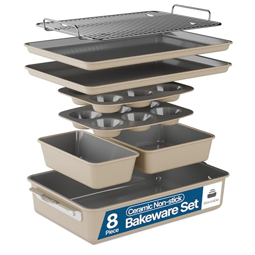 Bakken 8 Piece Ceramic Coated Bakeware Sets (Cream)