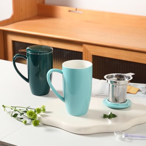 Sweejar Porcelain Tea Infuser Mug with Lid (Turquoise / Tea Cup(20 Fl Oz))