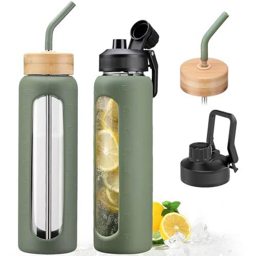 32oz Glass Water Bottle with Straw and 2 Lids (Olive / 32 Ounces)