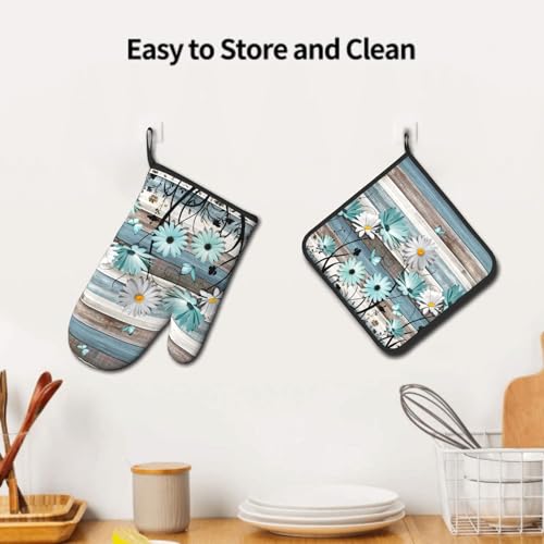 Daisy Floral Oven Mitts and Pot Holder Sets Rustic Wood Potholders Non (Daisy Wood)