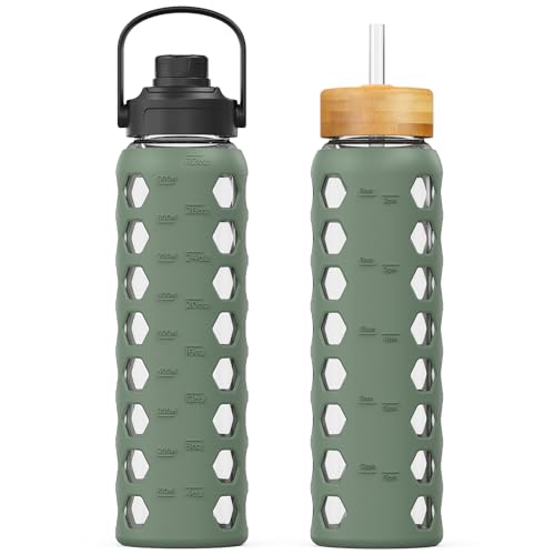 Glass Water Bottle (Olive / 32 Ounces)
