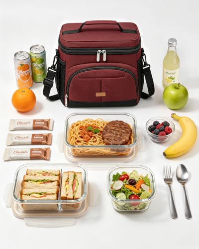 Lunch Box for Men Women Insulated Lunch Tote Cooler Bag Lunchbox (Wine / Large)