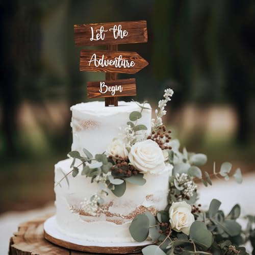Let the Adventure Begin Cake Topper in Wood Rustic Cake Decoration for Wedding & Baby Shower (Let the Adventure Begin)