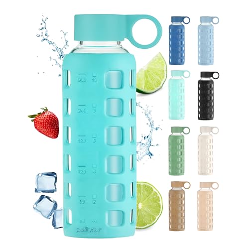 40oz / 32oz / 22oz / 12oz Borosilicate Glass Water Bottle with Time & Volume Markers, Silicone Sleeve, Stainless Steel Lid | Reusable Glass Bottle for Water & Juice (12oz Aqua Blue) (Aqua Blue (1 Count) / 12 Ounces)