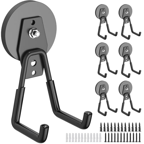 6 Pack Heavy Duty Storage Magnetic Utility Hooks Large Garage Strong Extra Magnet Hooks Hanger with Anti (2.6" Magnet-6 Pack-Black)