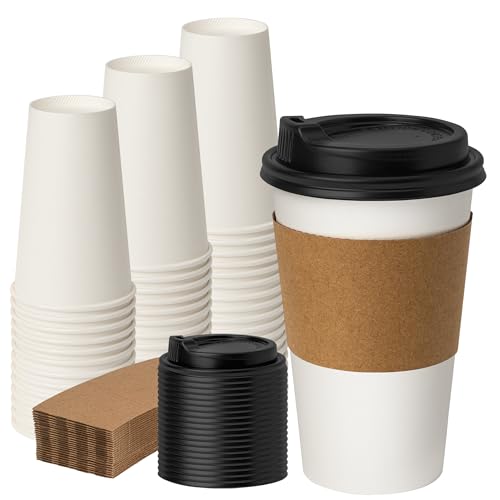 50 Pack 16 oz Disposable Coffee Cups with Lids and Sleeves (White / 16 oz)