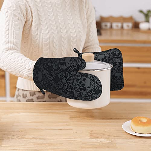 Gothic Skull Oven Mitts and Pot Holders Sets of 4 (One Size / Silicone Skull)