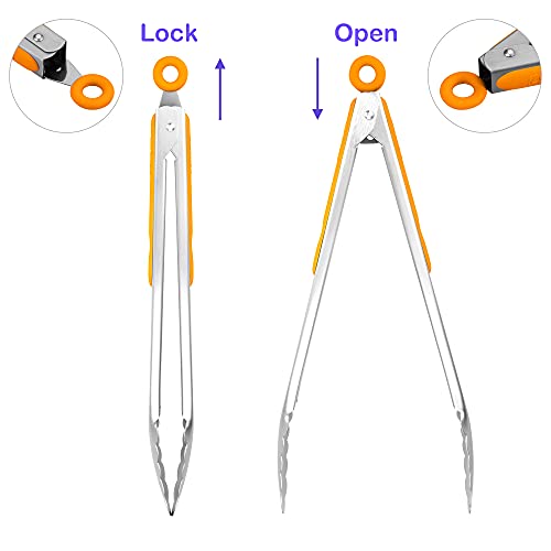 304 Stainless Steel Kitchen Cooking Tongs (12" & 14" / Orange)