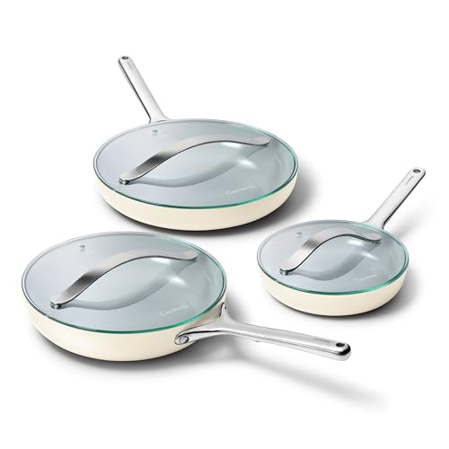 Carway Fry Pan Trio with Glass Lids (1x 8 IN, 1x 10 IN, & 1x 12 IN / Cream)