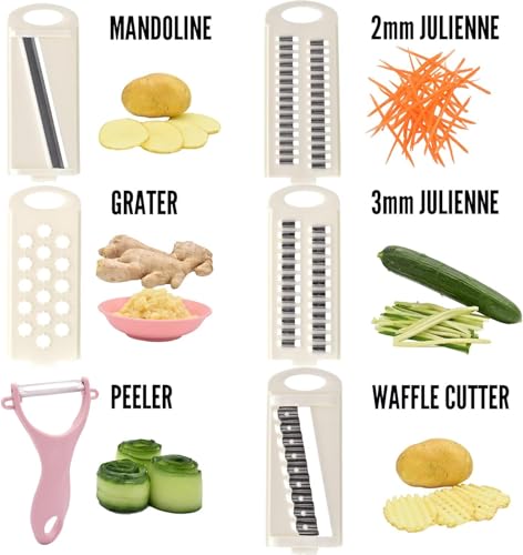 Mandoline Slicer for Kitchen Slicer Vegetable Cutter 5 In 1 Veggie Slicer Potato Slicer waffle fry cutter Hot Swap Mandolin with Peeler for Vegetables Carrot Shredder Cucumber Slicer