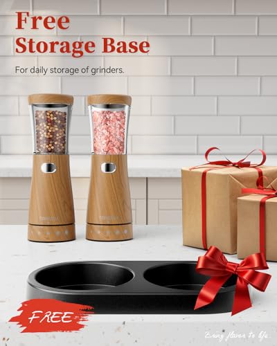 Electric Salt and Pepper Grinder Set with Storage Base (Light Wood Grain)