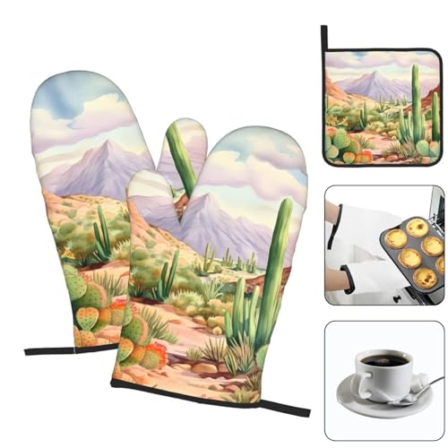 Desert Cactus Oven Mitts and Pot Holders Sets of 3 Heat Resistant Oven Gloves Hot Pads Non (Desert Cactus)
