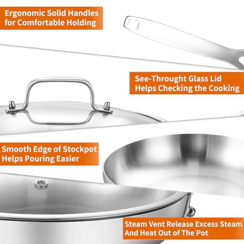 Tri Ply Stainless Steel Frying Pan Set 8" 10" 12" With Lid skillets (Silver)