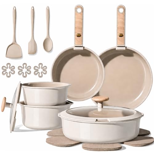 Ceramic Pots and Pans Set (Beech Wood White / 19 Piece)