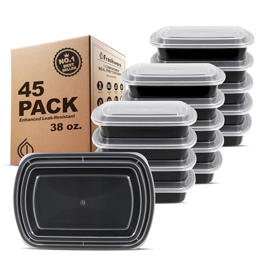 Meal Prep Containers [45 Pack] 1 Compartment with Lids (Black / 38OZ-45PK)