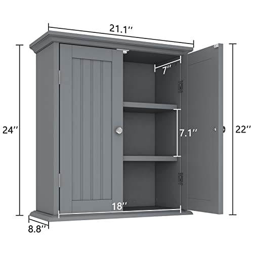 Bathroom Wall Cabinet with 2 Doors (Grey / 8.8"D x 21.1"W x 24"H)