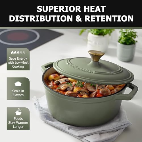 MUELLER HOME 7.5 Quart Enameled Cast Iron Dutch Oven For Sourdough Bread Baking (7.5 Quart -Round / Thyme Green)