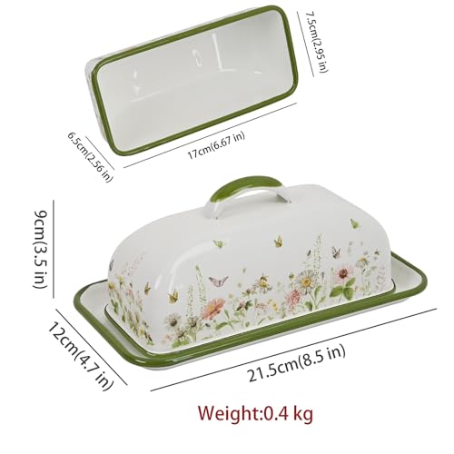Enamel Butter Dish with Lid Vintage Enamelware Butter Keeper with Flower and Bee Patterns Farmhouse Butter holder Butter container for Kitchen Decor (Green)