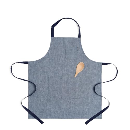 100% Pure Linen Kitchen Apron (Denim Blue / Navy / 33 X 30 Inch)