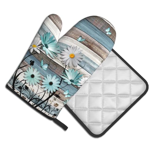 Daisy Floral Oven Mitts and Pot Holder Sets Rustic Wood Potholders Non (Daisy Wood)