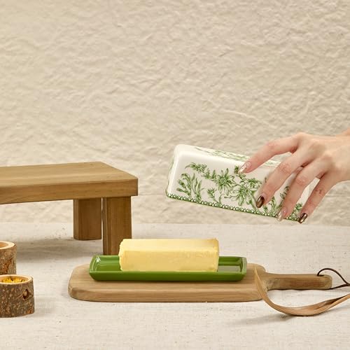 Green Garden Toile De Jouy Ceramic Butter Dish with Lid (Green Garden Toile De Jouy / Large)