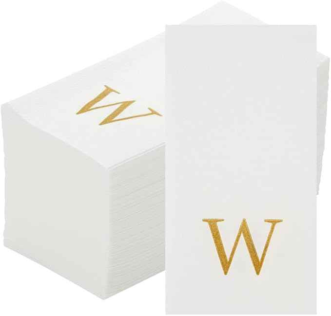 Luxenap 15.8 X 7.9 Inch Linen-Feel Guest Towels, 50 Lettered Hand Towels - Gold Letter 'W', Sans Serif Font, White Paper Dinner Napkins, airlaid, For Restrooms And Tables