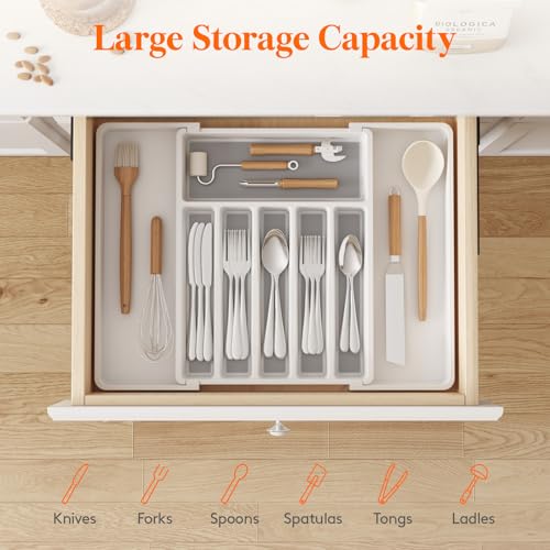 Extra Large Silverware Drawer Organizer (White&Gray / XL Deep (13-22''W x 16.7''D))
